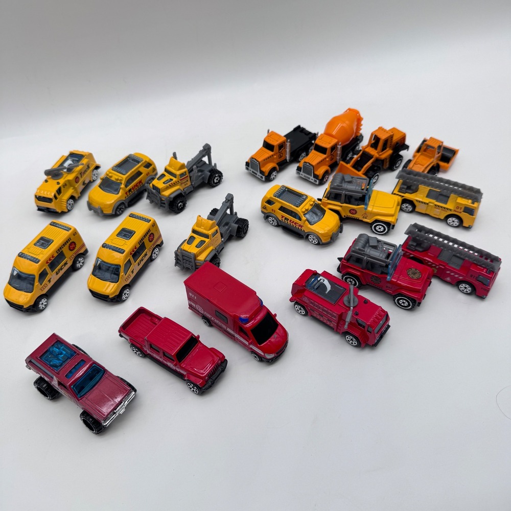 Lot of 34 Toy Vehicle Red Yellow Construction Diecast Fire Rescue Service Trucks